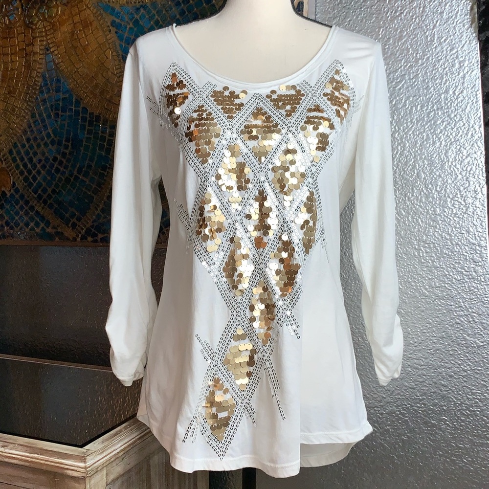 Style & Co beige top with gold sequin design.
